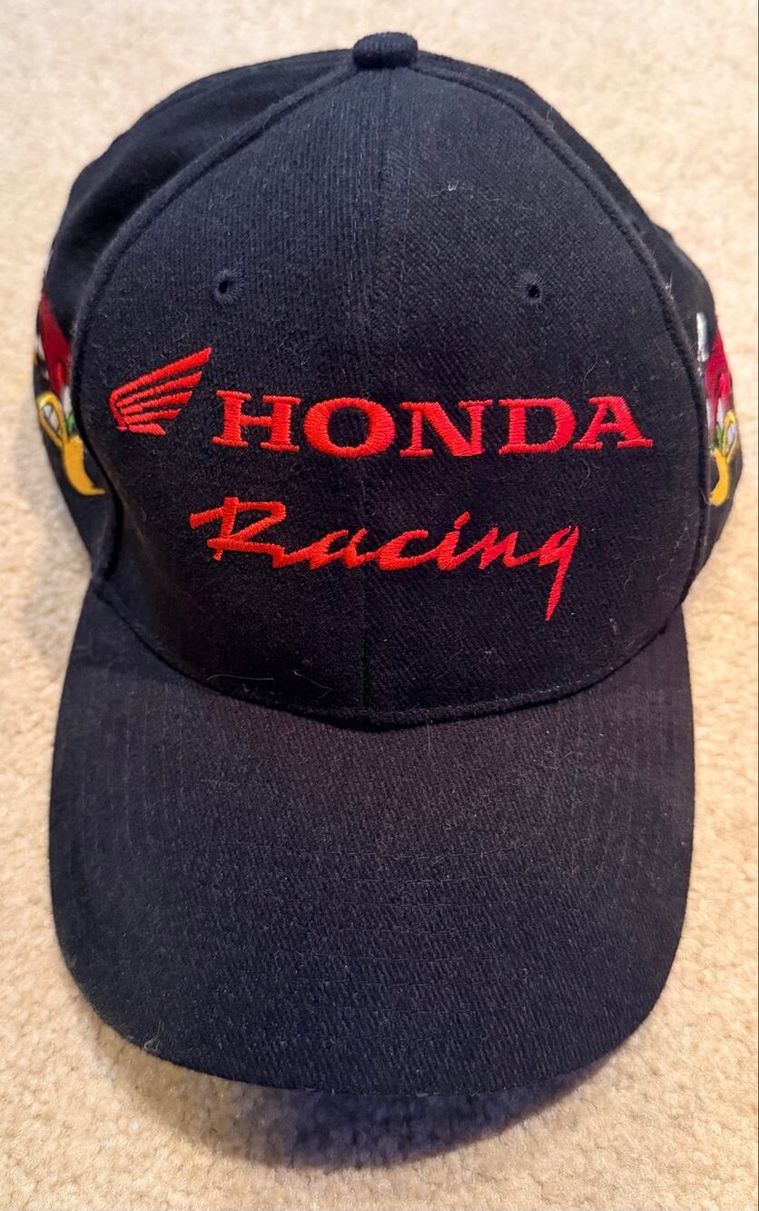 Vintage Honda Racing Woody Woodpecker Hat Cap Embroidered Flames Checkered Flag